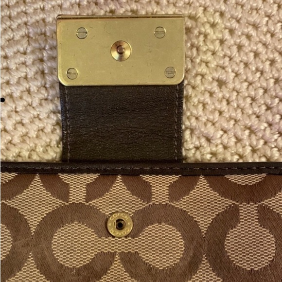 Coach Signature Brown and Tan Wallet with Gold Clasp - Picture 5 of 9